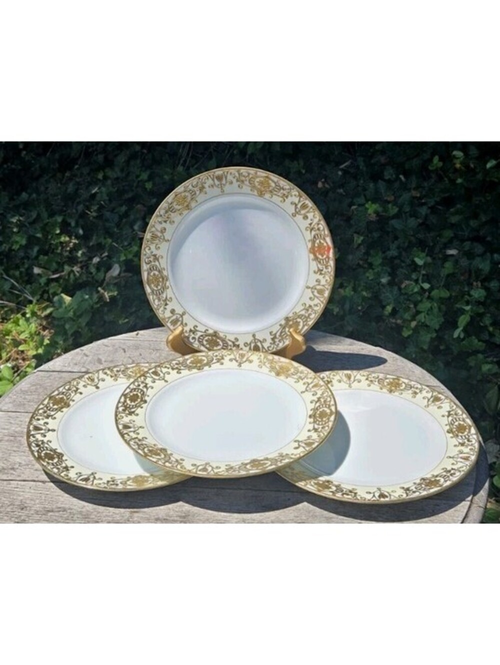 4Noritake Christmas Ball 10" Dinner Plate Handpainted Green Stamp 16034 22K GOLD